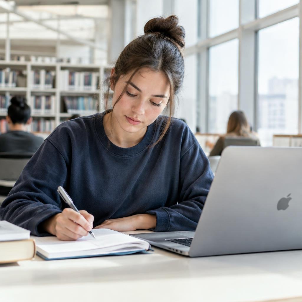 University student studying and writing notes